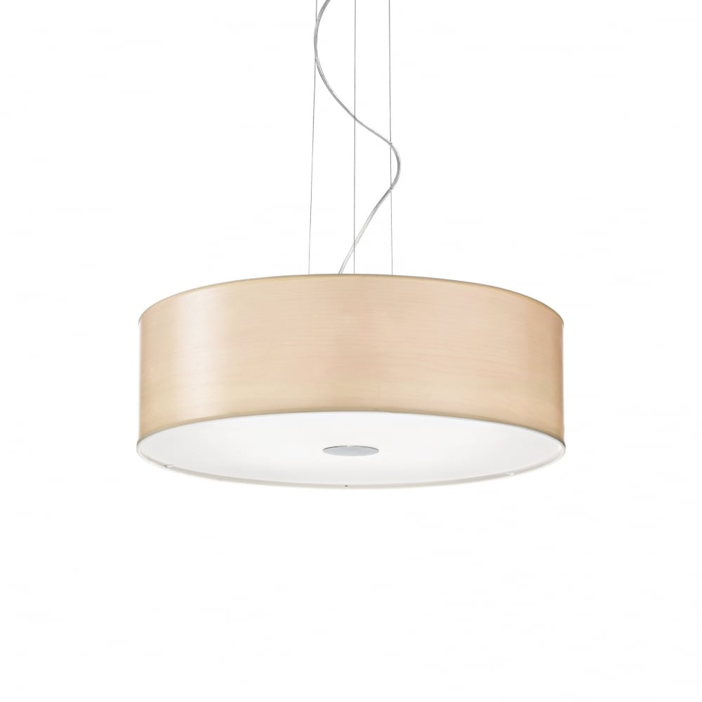 Beige Fabric Drum Shade Pendant Light - Modern Woody Collection