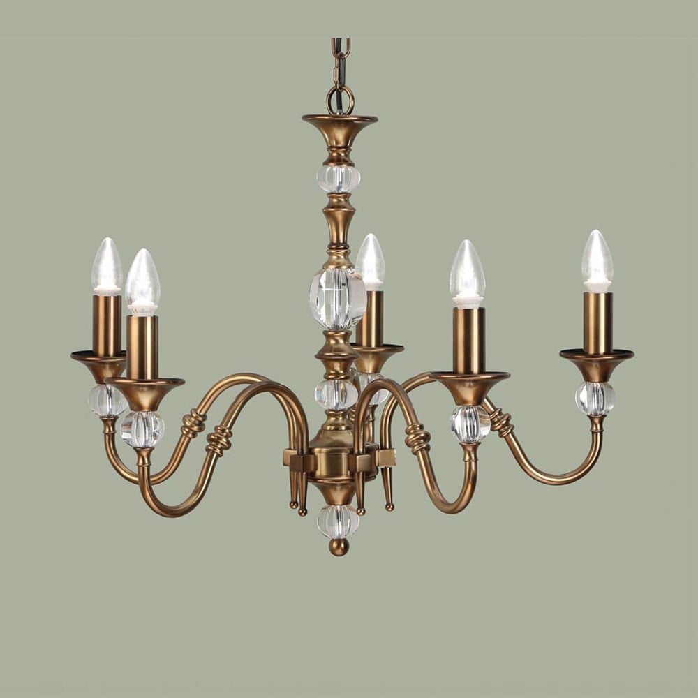Classic Elegance: Antique Brass 5-Light Chandelier with Crystal Accents