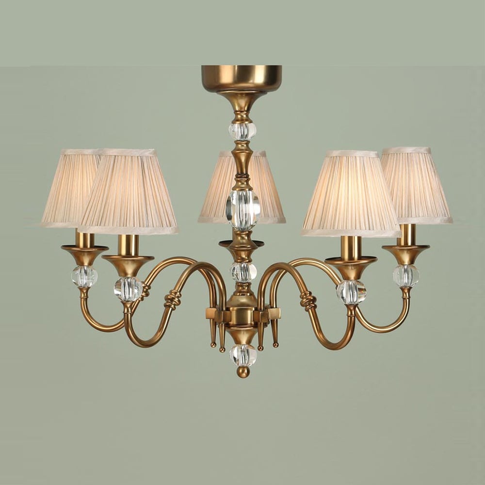 Classic Elegance: Antique Brass 5-Light Chandelier with Crystal Accents