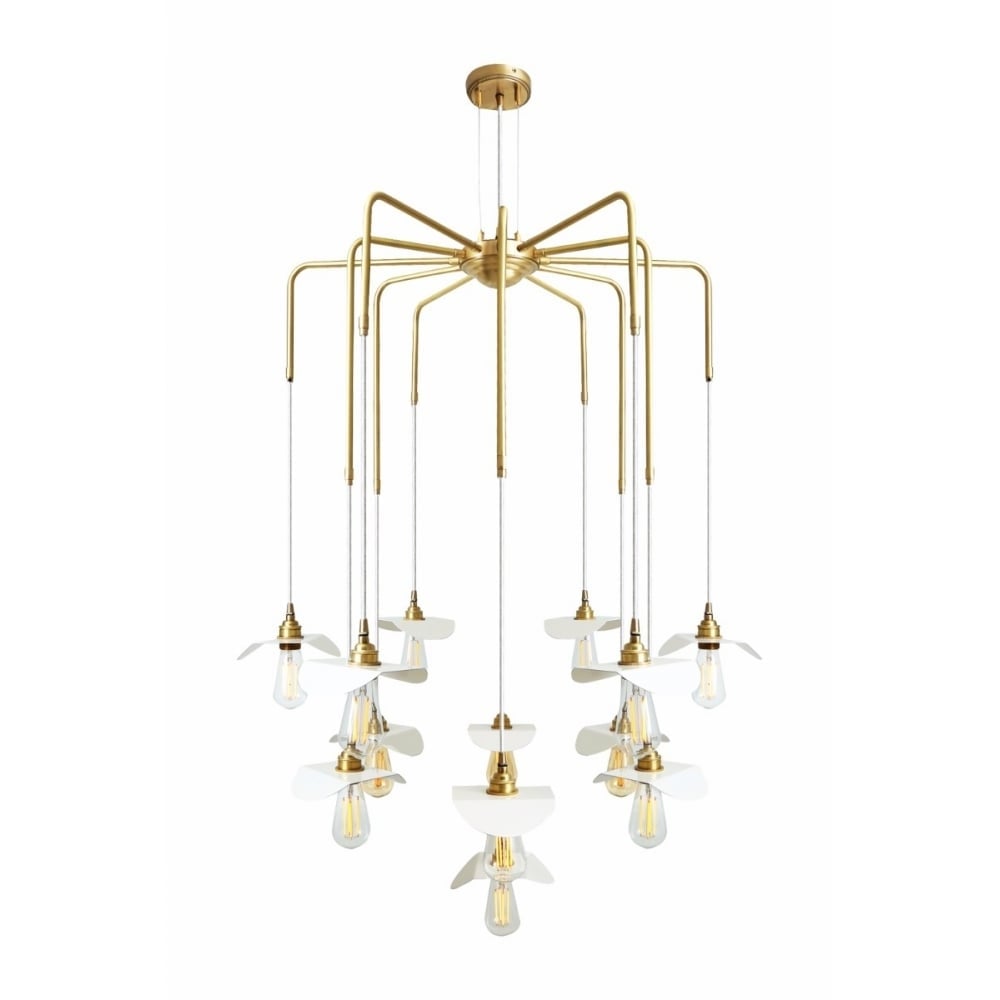 Elegant Petal Brass Chandelier with White Fabric Accents