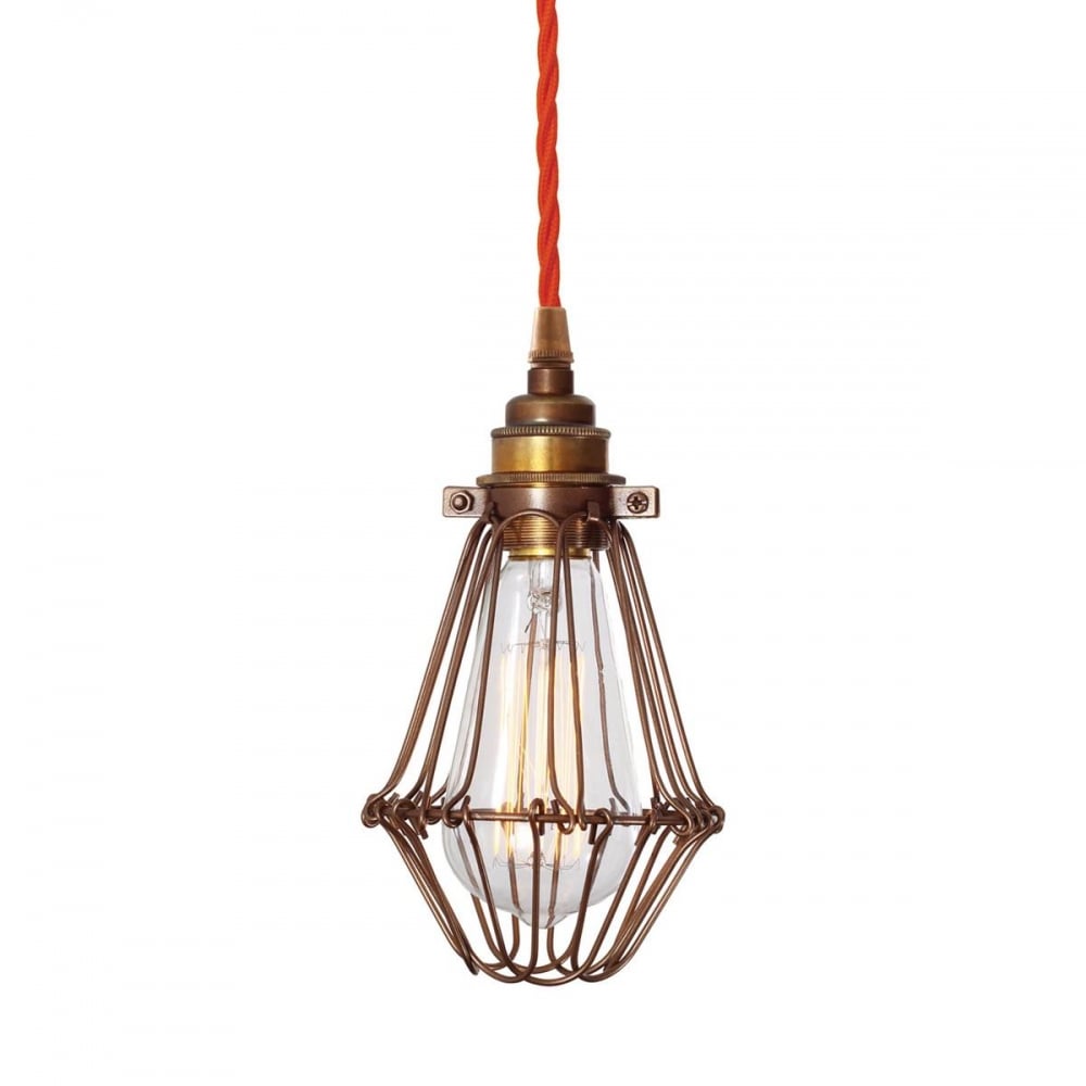 Industrial Vintage Cage Pendant with Blue Accent Cable, Bronze Finish