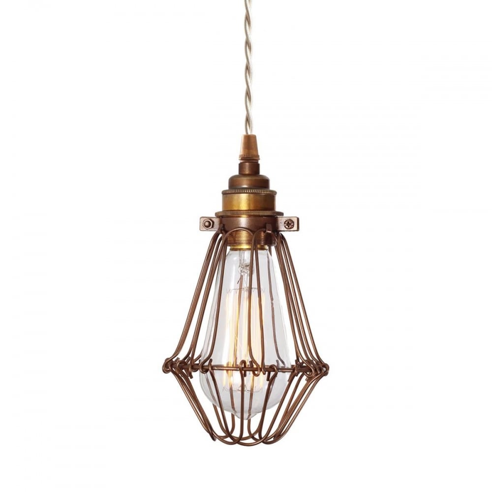 Industrial Vintage Cage Pendant with Blue Accent Cable, Bronze Finish