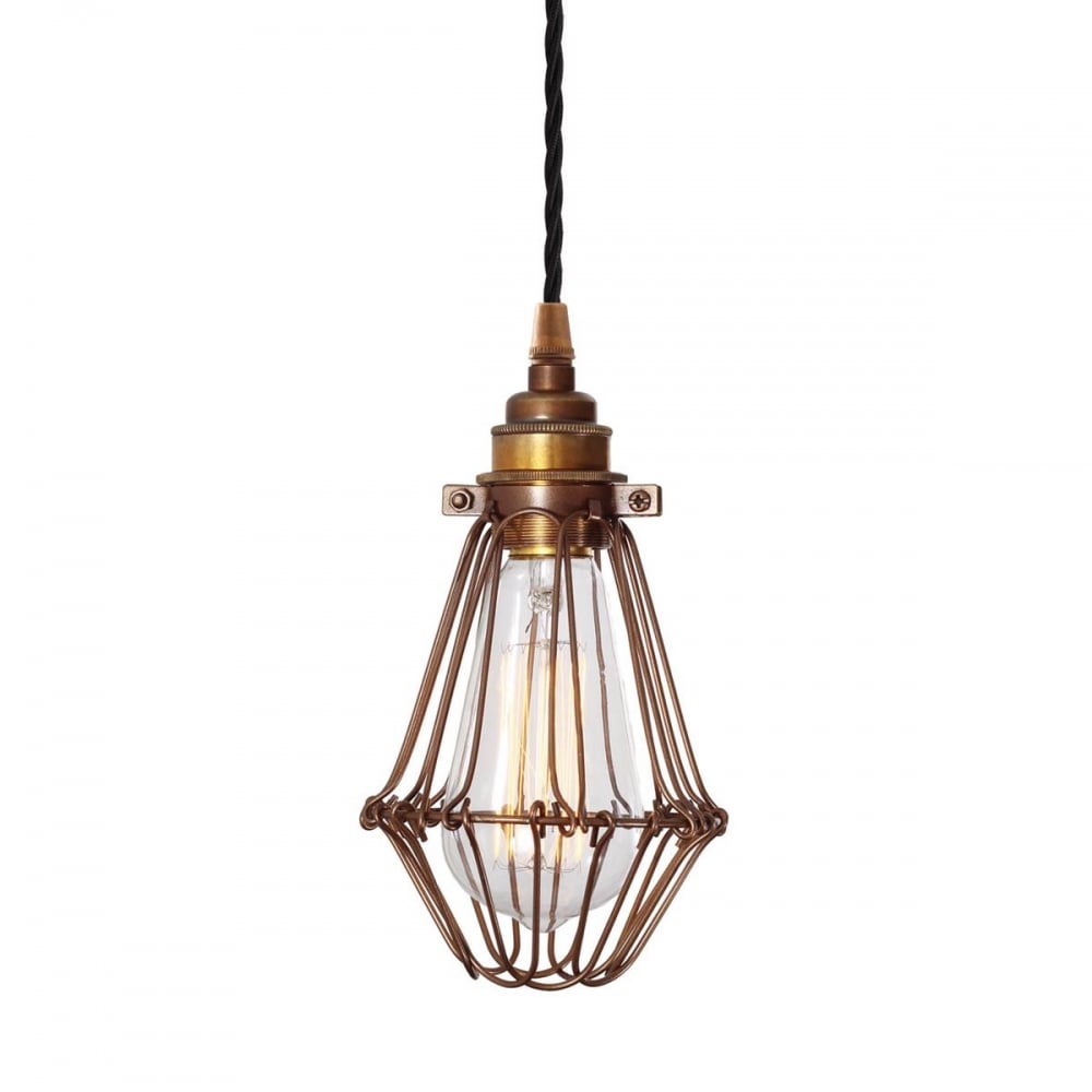 Industrial Vintage Cage Pendant with Blue Accent Cable, Bronze Finish
