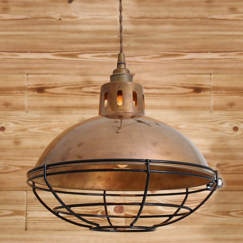 Chester Cage Industrial Pendant Light in Antique Brass Finish