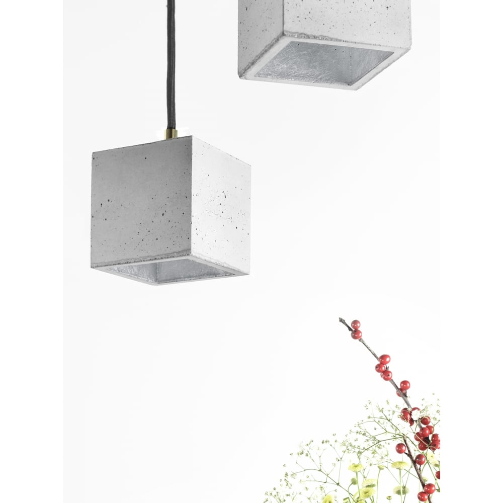 Contemporary Light Grey and Silver Concrete Cube Pendant Lamp