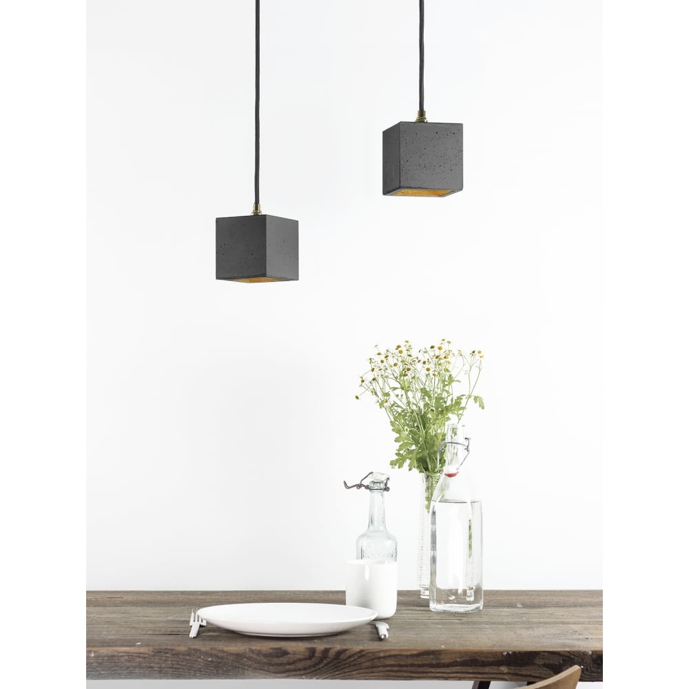 Contemporary Dark Grey and Gold Concrete Cube Pendant Light