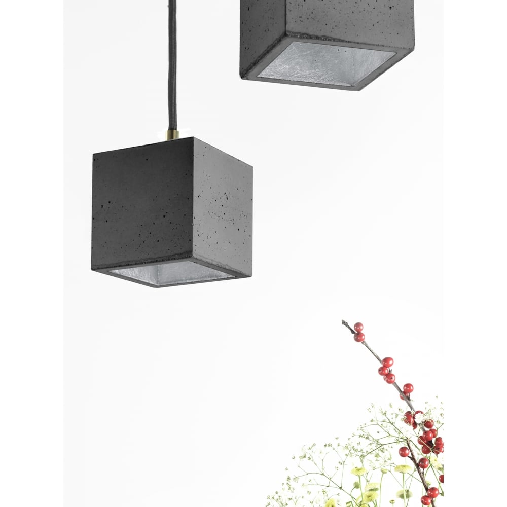 Contemporary Dark Grey and Silver Concrete Cube Pendant Light