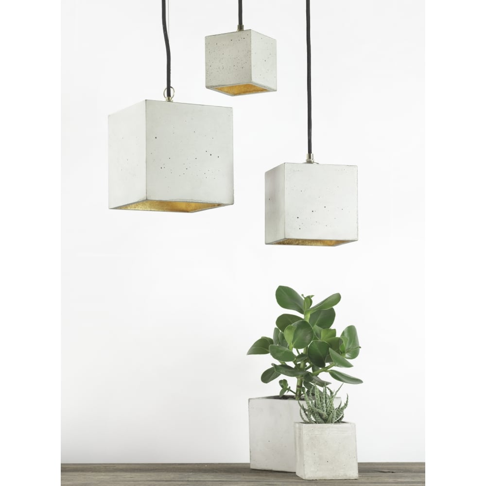 Contemporary Light Grey and Gold Petite Concrete Cube Pendant Lamp