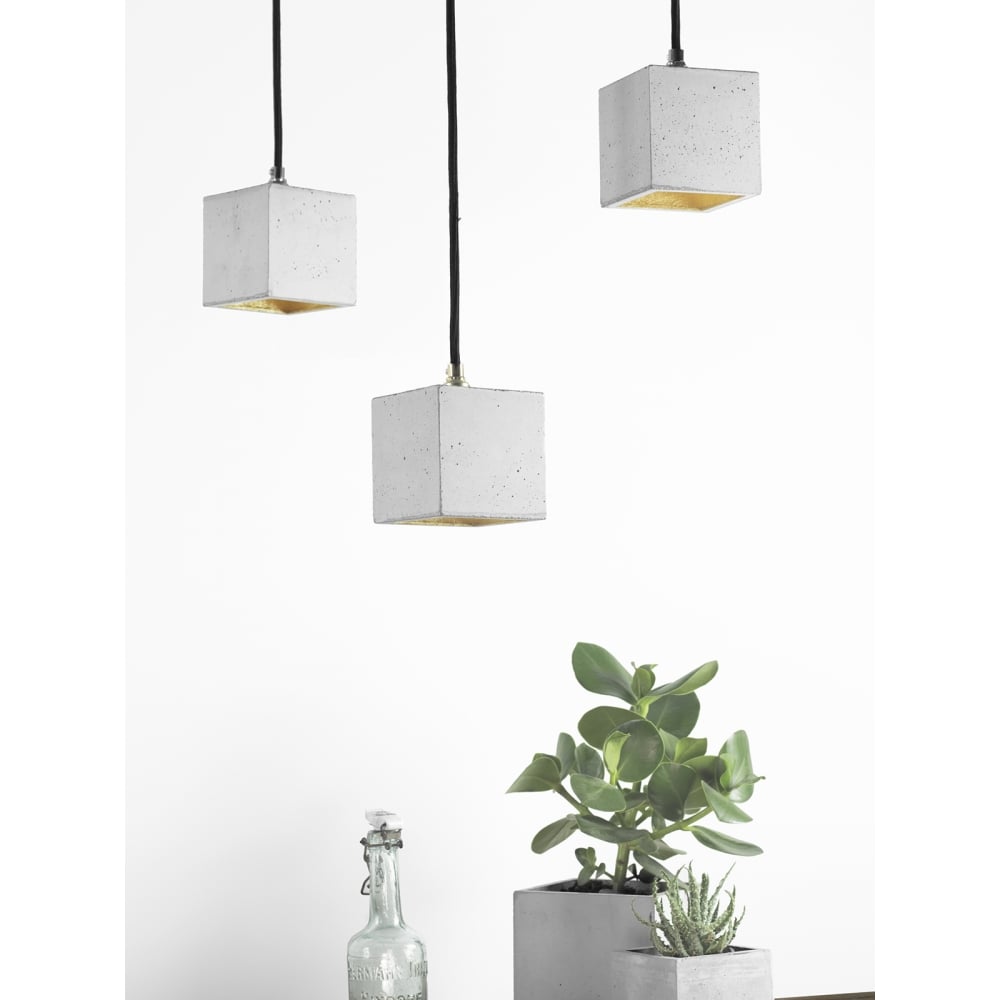 Contemporary Light Grey and Gold Petite Concrete Cube Pendant Lamp