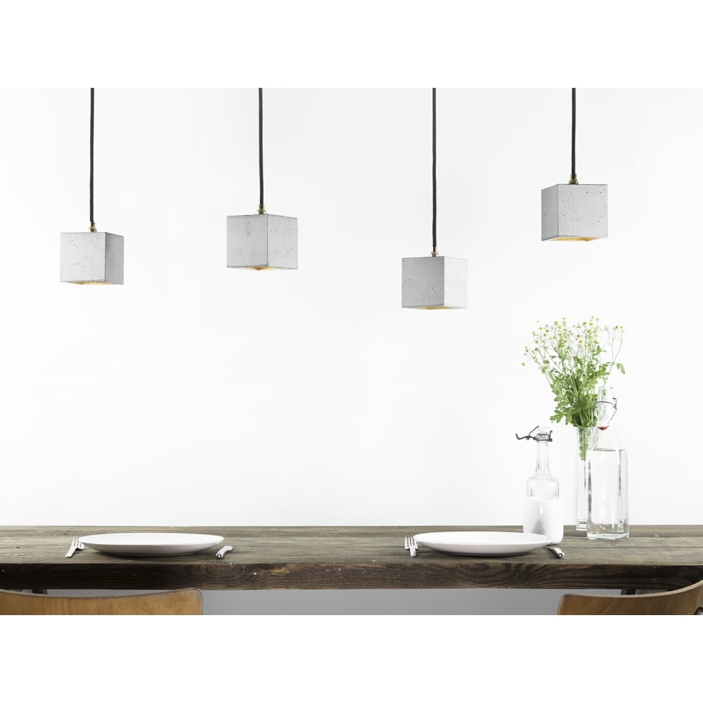 Contemporary Light Grey and Gold Petite Concrete Cube Pendant Lamp