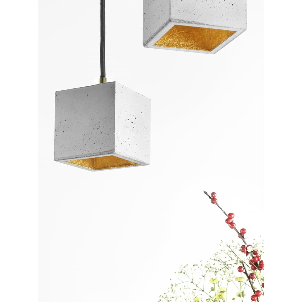 Contemporary Light Grey and Gold Petite Concrete Cube Pendant Lamp