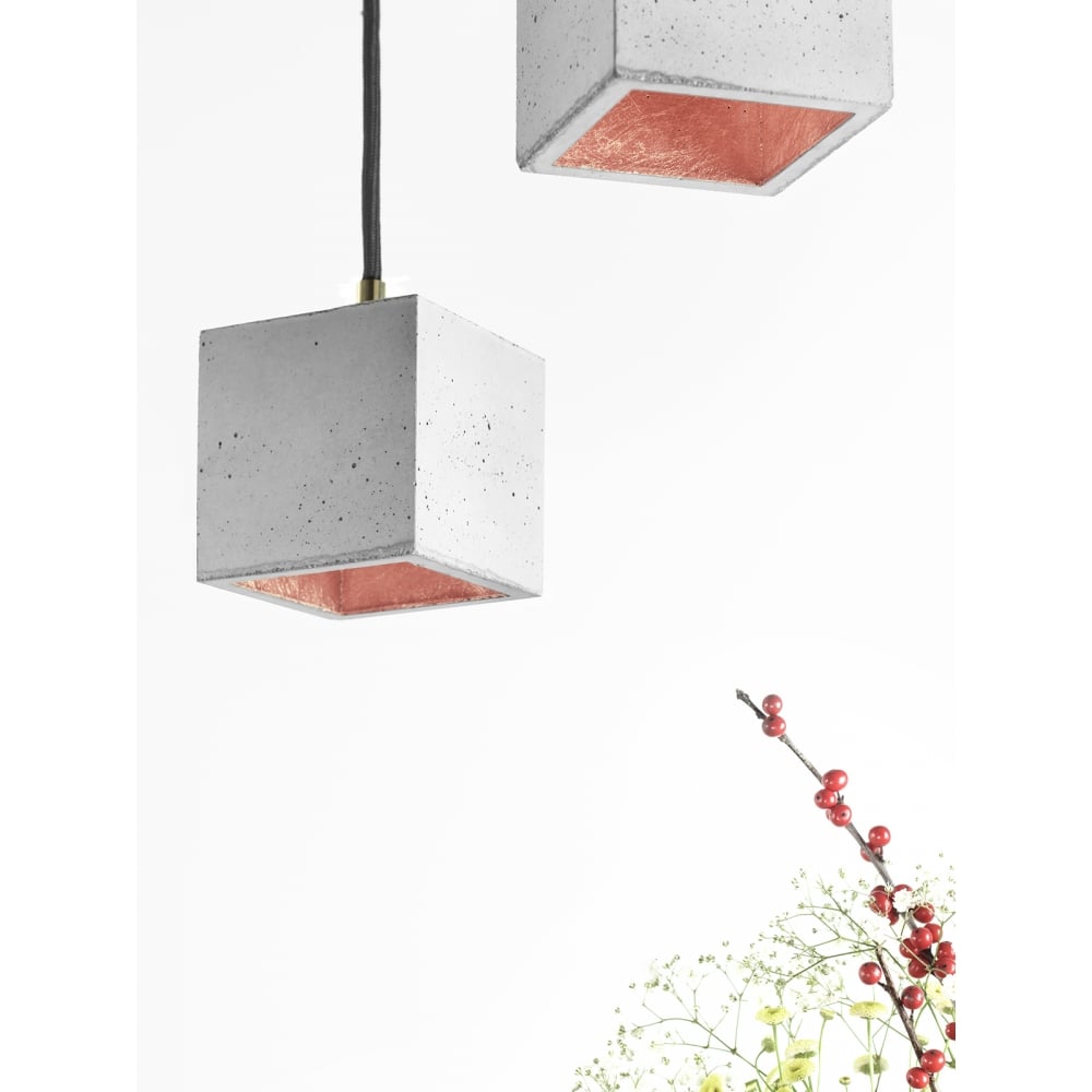 Sleek Light Grey and Copper Concrete Cube Pendant Light
