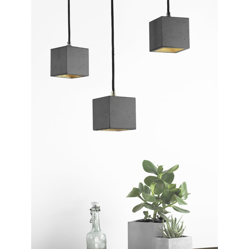 Contemporary Dark Grey and Gold Concrete Cube Pendant Light