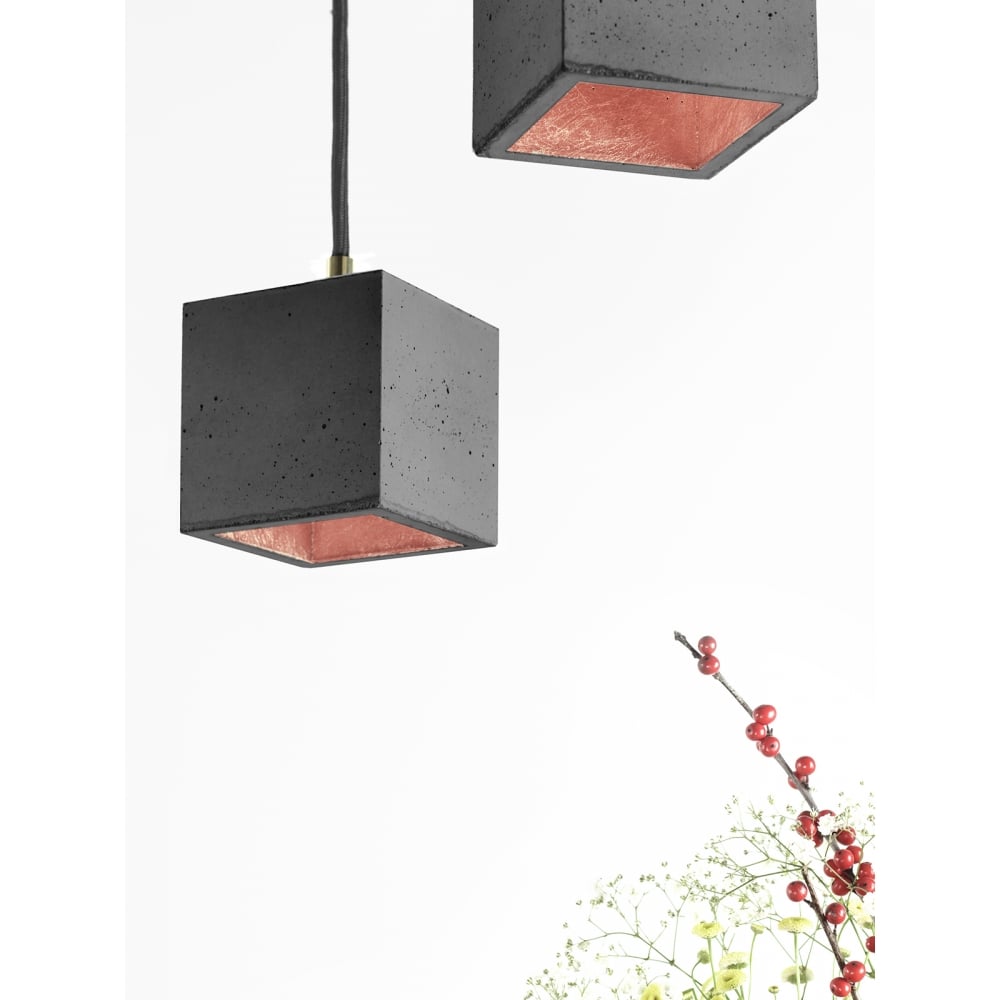 Contemporary Dark Grey and Copper Concrete Cube Ceiling Pendant Light