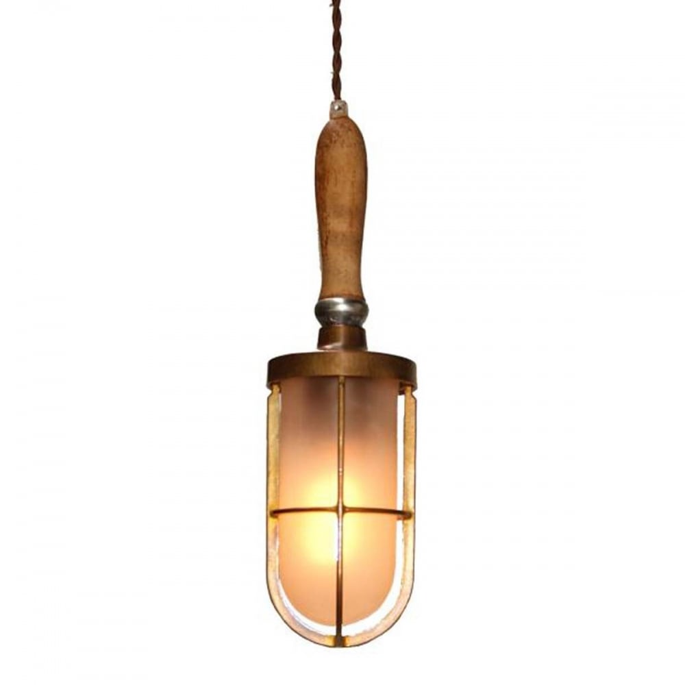 Vintage Industrial Brass & Wood Pendant Light Fixture - Edison Bulb Compatible