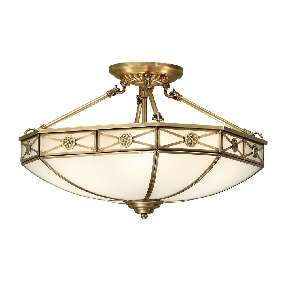 Antique Brass and Frosted Glass Semi Flush Ceiling Light - Bannerman Design