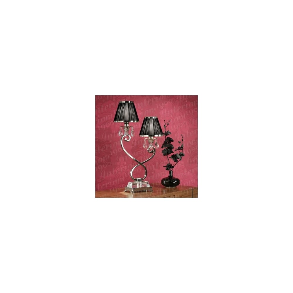 Oksana Elegance: Dual Light Crystal Table Lamp with Black Pleated Shades in Nickel Finish