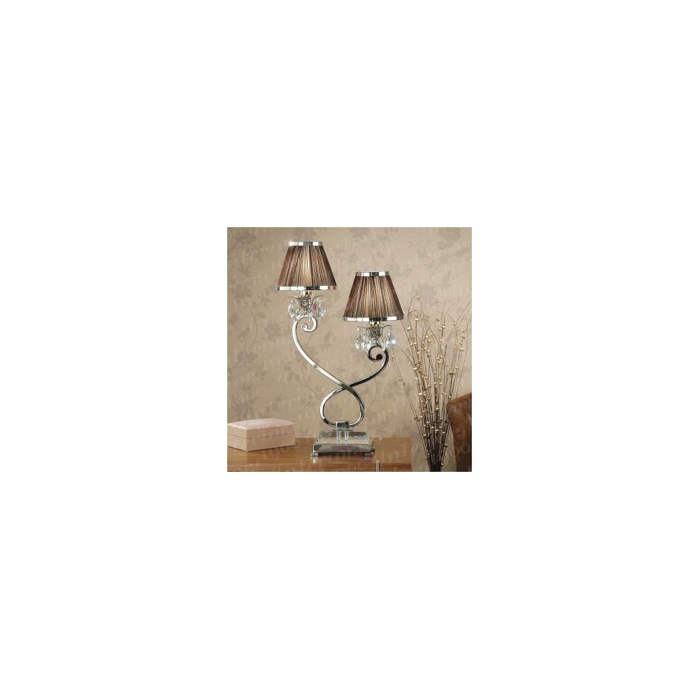 Oksana Elegance: Dual Light Nickel Table Lamp with Crystal Accents and Chocolate Shades