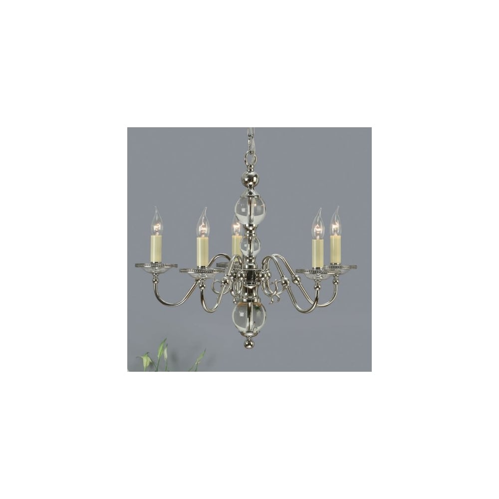 Flemish Elegance 5 Light Chandelier in Polished Nickel & Crystal