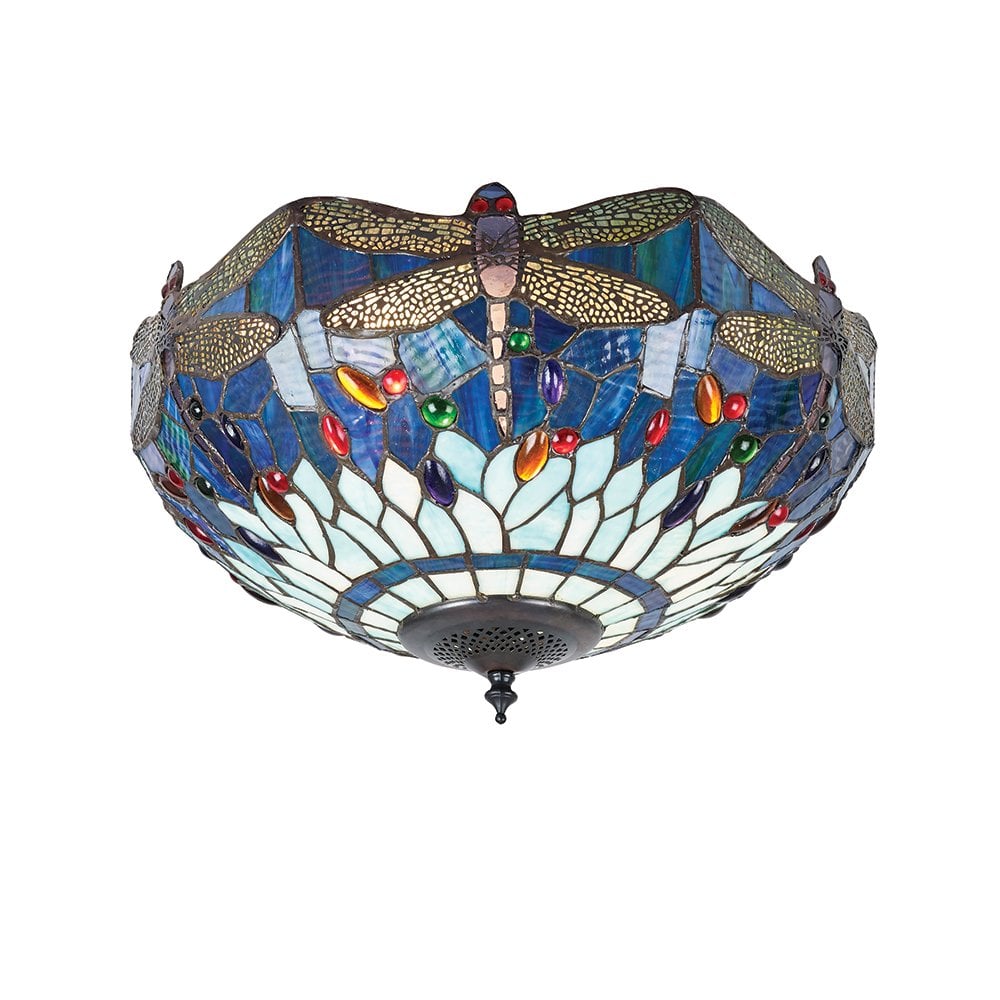 Azure Dragonfly Fusion Semi-Flush Ceiling Lamp in Blue Tiffany Design