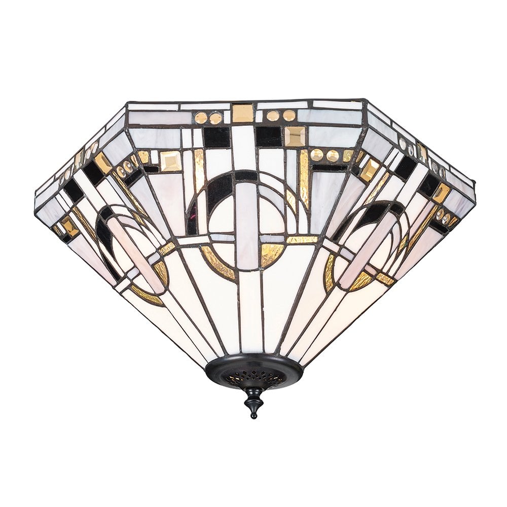Art Deco Tiffany Glass 2-Light Flush Ceiling Fixture in Bronze