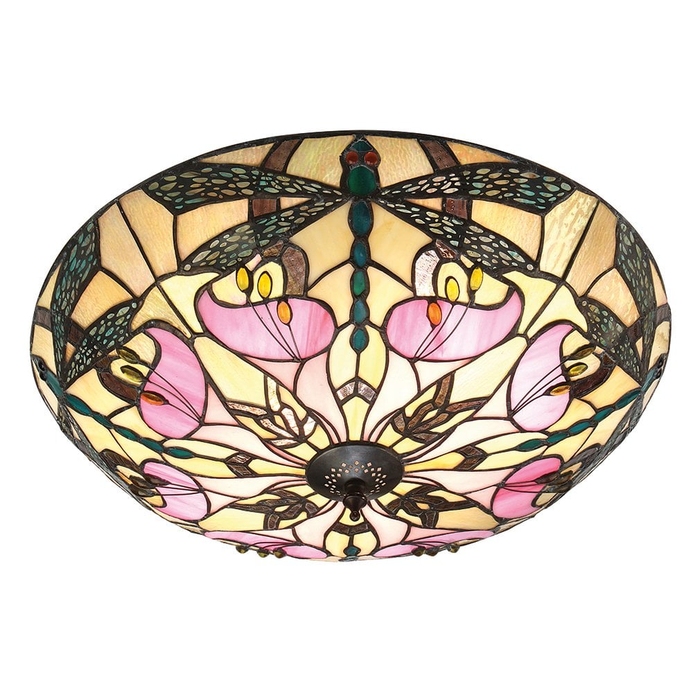 Ashton Pink Lily & Dragonfly Art Nouveau Tiffany Glass Ceiling Light Fixture