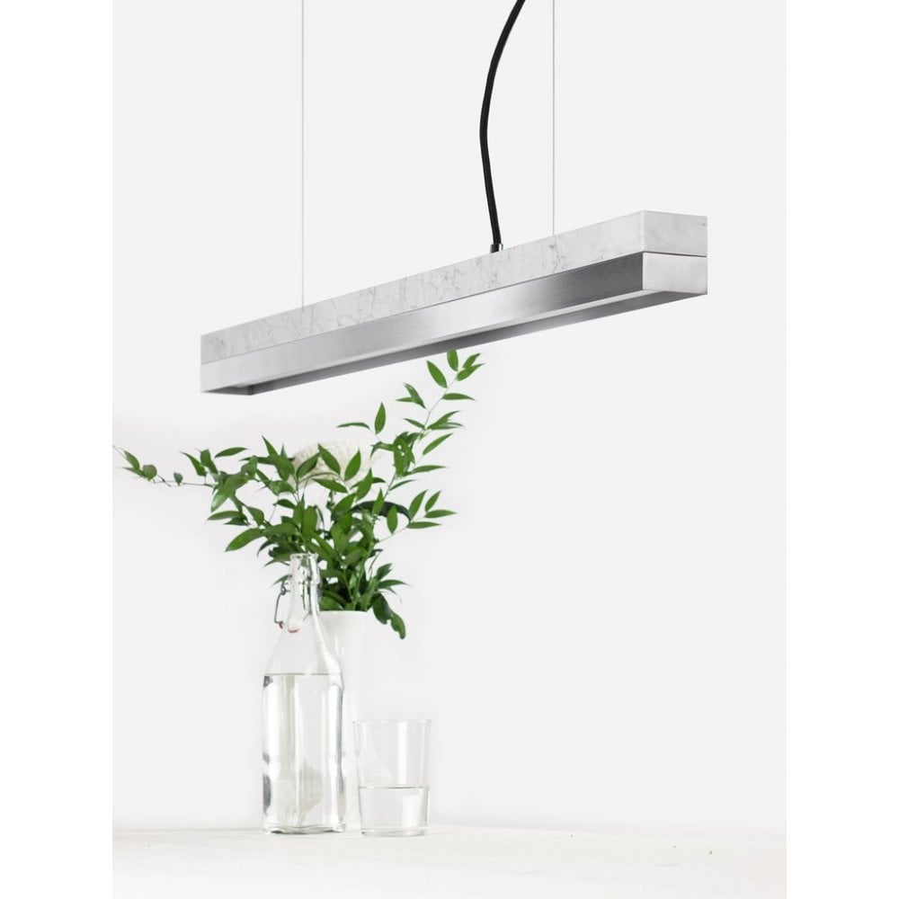 Elegant LED Bar Pendant Light in Carrara Marble and Stainless Steel, 92cm, Warm White (2.7K)