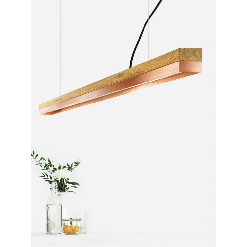 Elegant Oak and Copper LED Pendant Bar Light - 182cm, Warm Glow