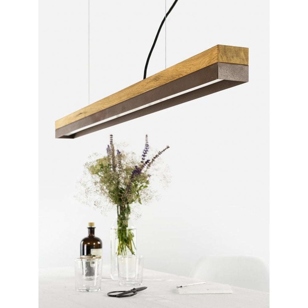 Elegant Oak Wood and Corten Steel LED Pendant Bar Light, 122cm, Warm White Illumination