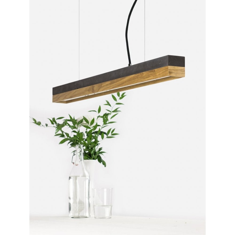 Modern Industrial Oak and Concrete LED Pendant Light, 92cm, Warm White (2.7K)