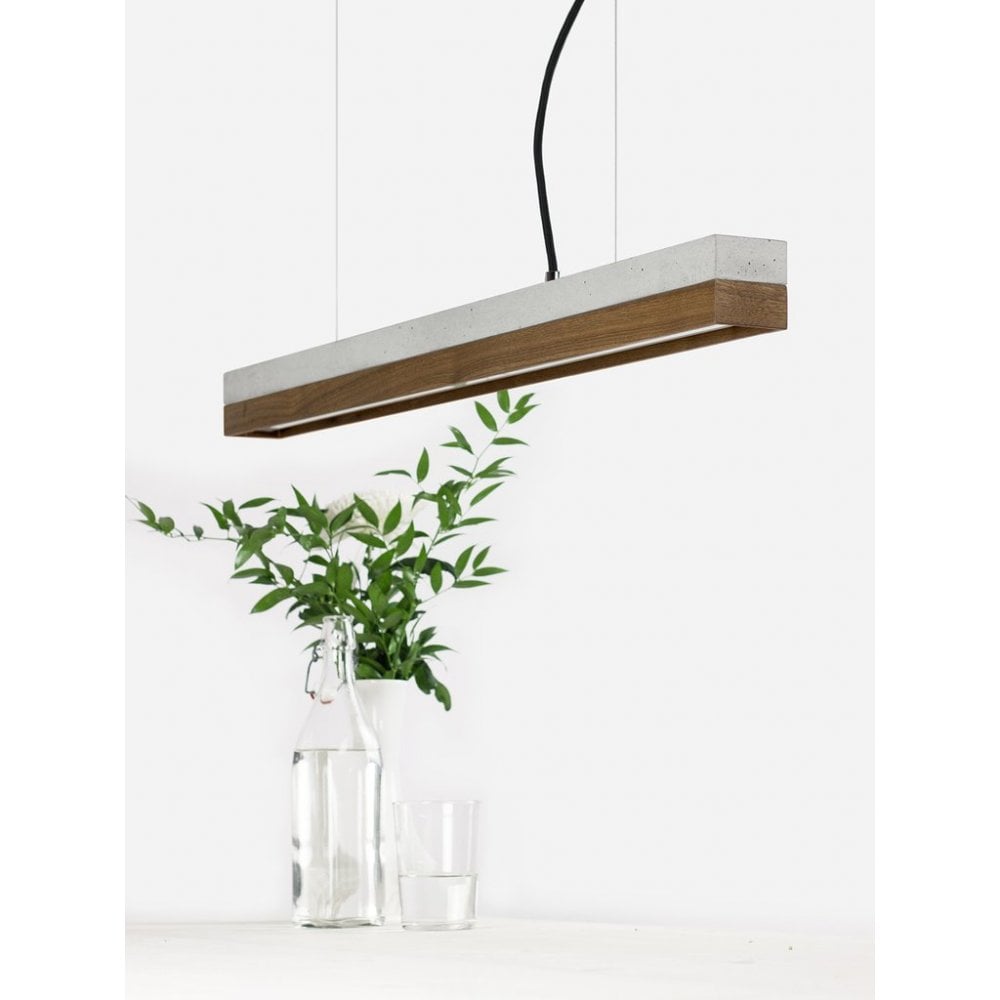 LED Bar Pendant Light in Pale Concrete and Walnut, 92cm, Warm White (2.7K)