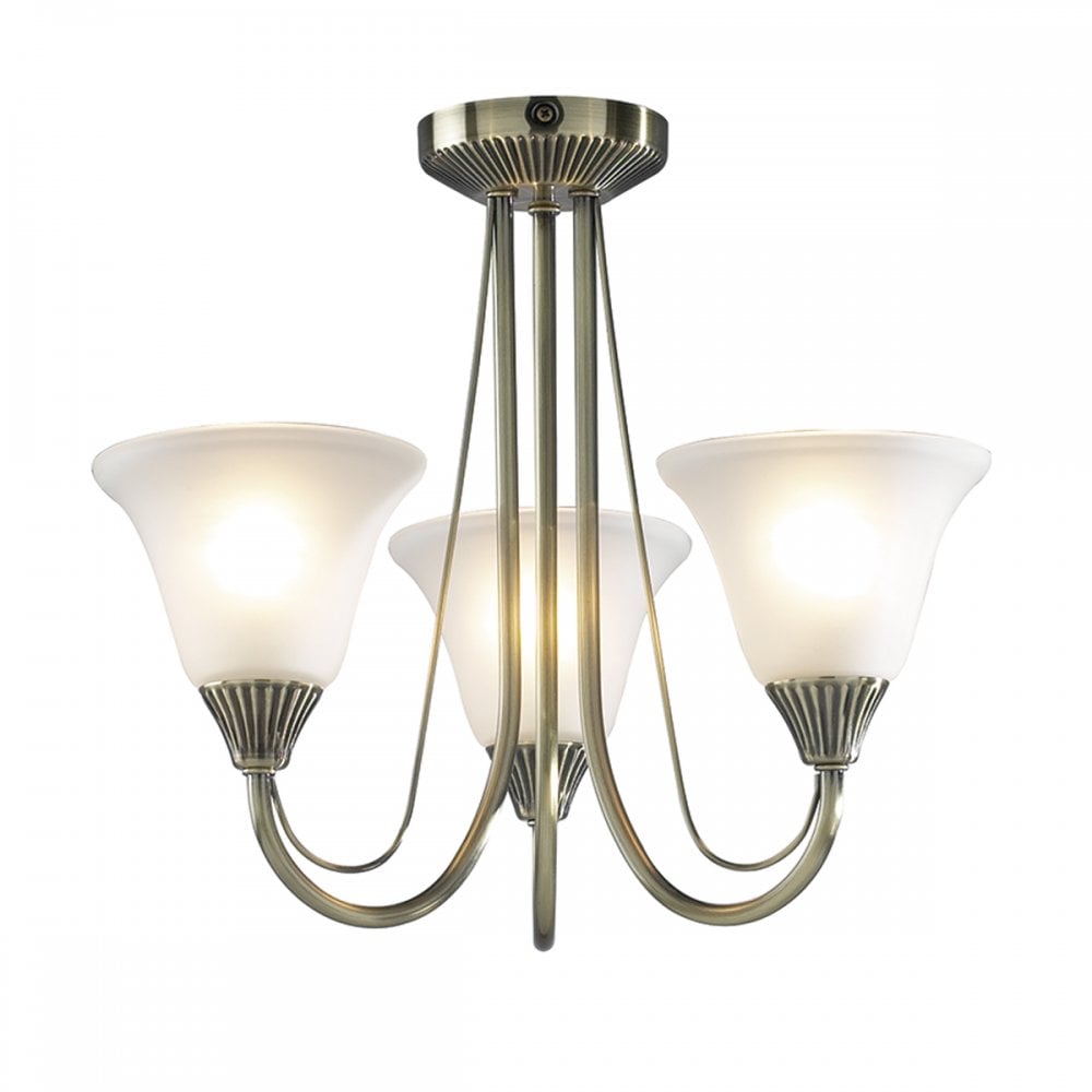 Boston 3 Light Semi-Flush Antique Brass and Opal Glass