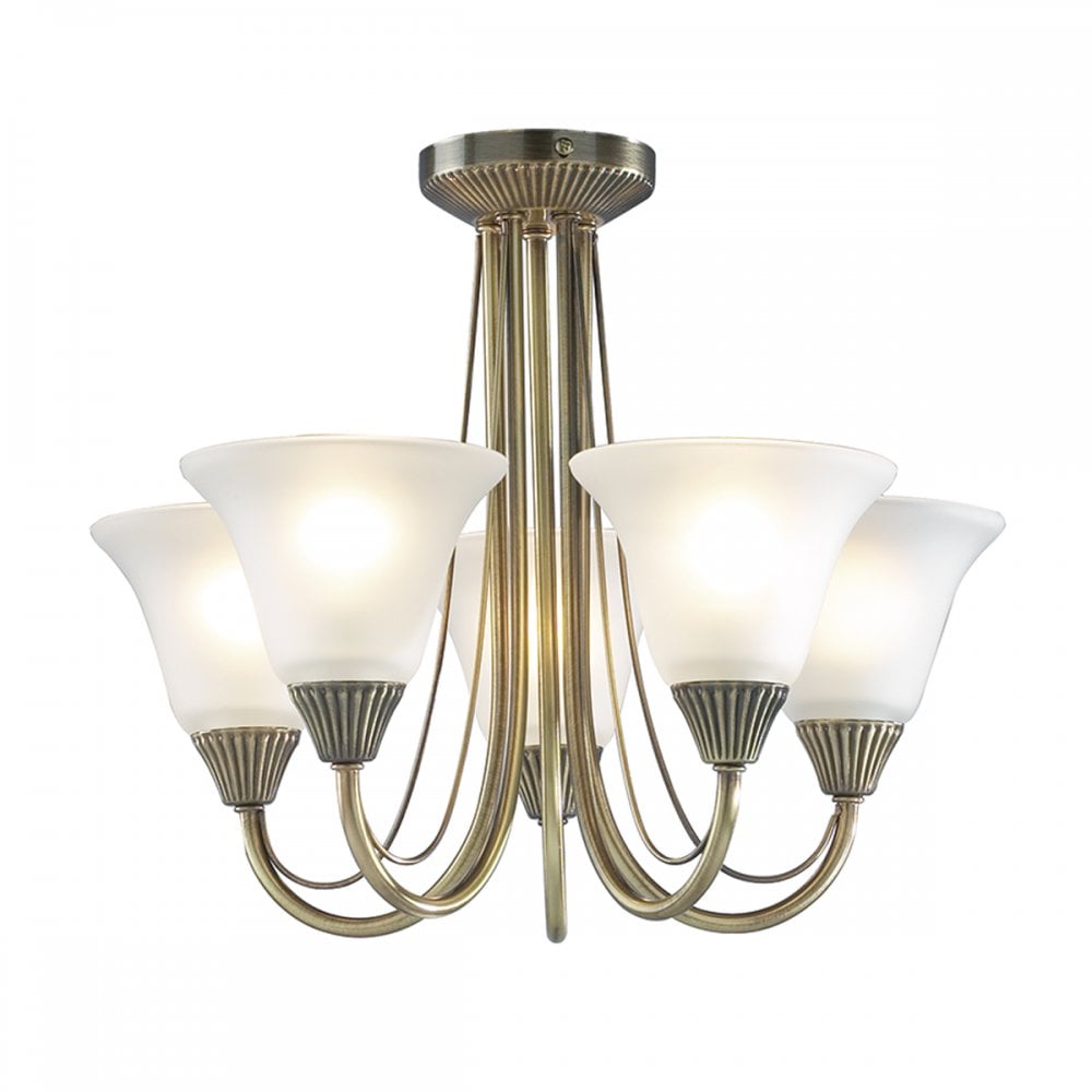 Boston 5 Light Semi Flush Antique Brass Opal Glass