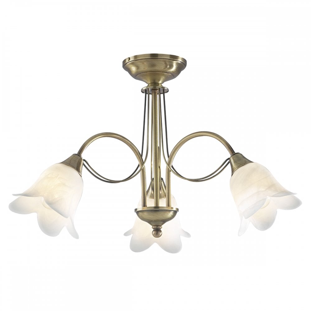 Doublet 3 Light Semi Flush Antique Brass complete with Alabaster Glass