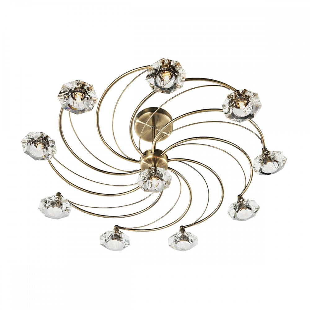 Luther 10 Light Semi Flush Antique Brass Crystal