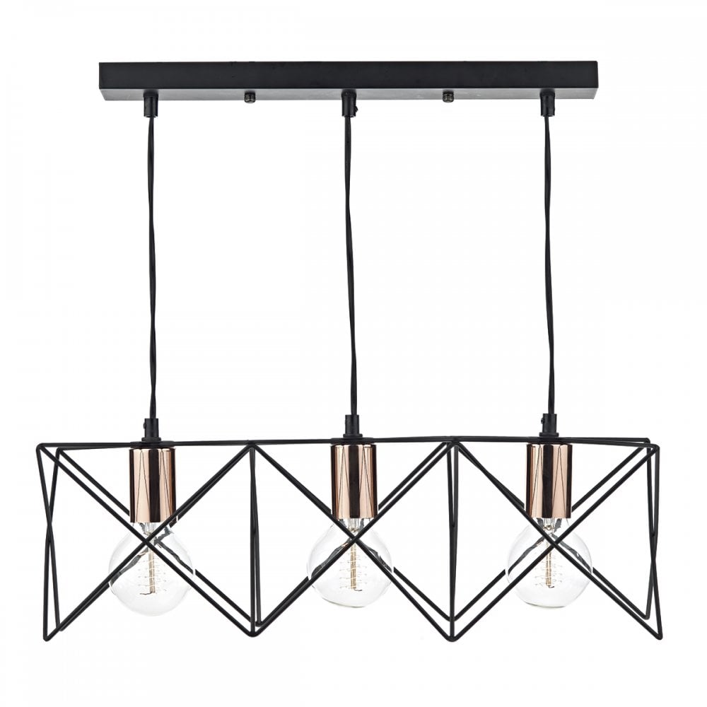 Tri-Light Matte Black and Copper Pendant Bar Lamp