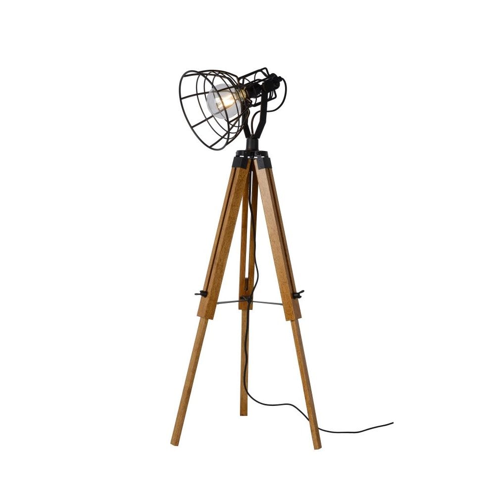 Cottage Chic Black & Light Wood Triangular Floor Lamp
