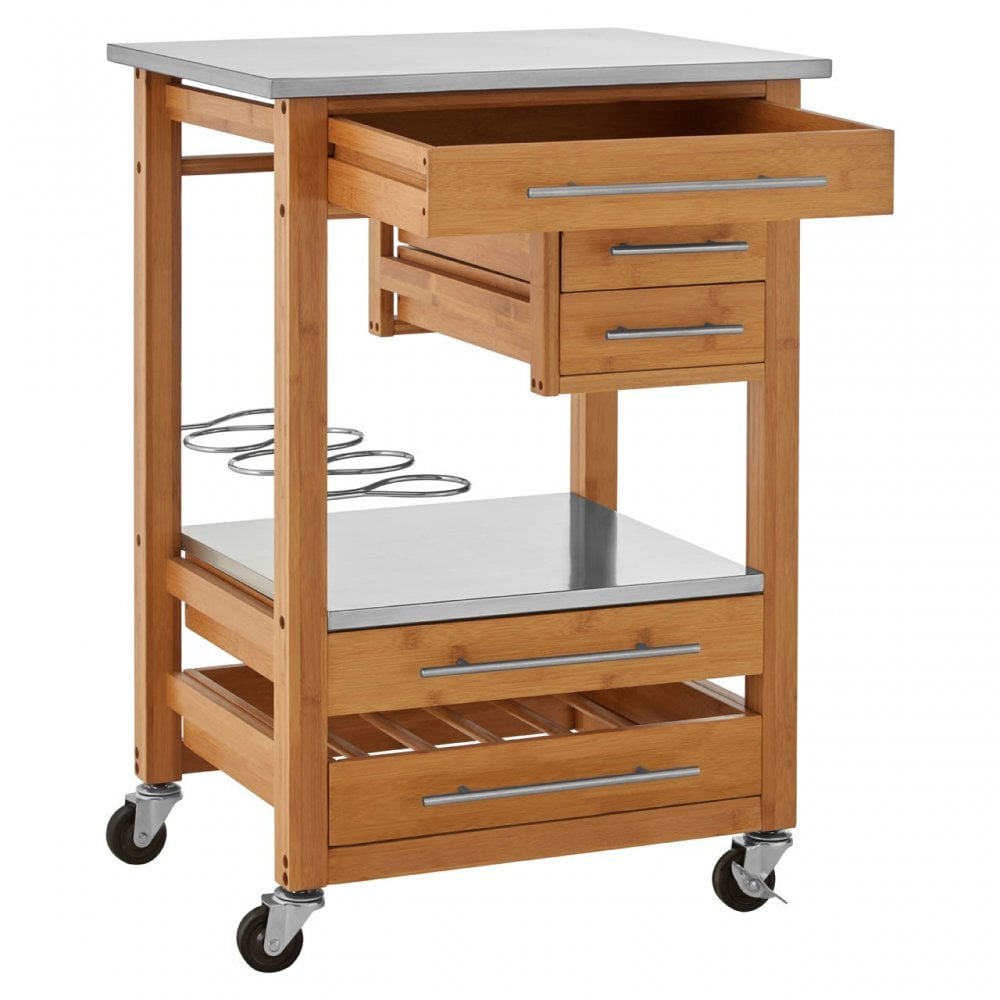 Kitchen Trolley, Bamboo, Stainless Steel, Natural