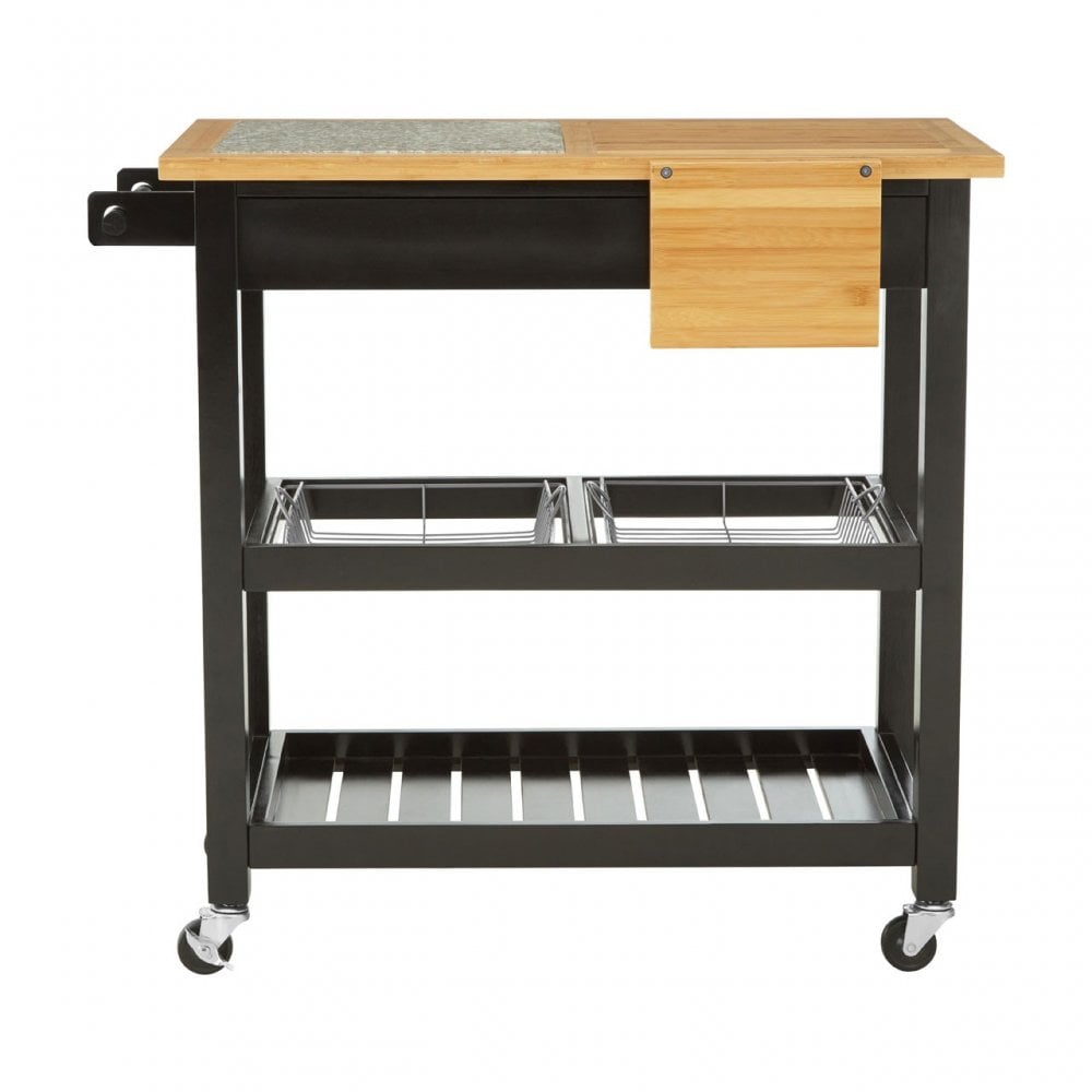Kitchen Trolley, Wood, Pine Wood, Granite, Black