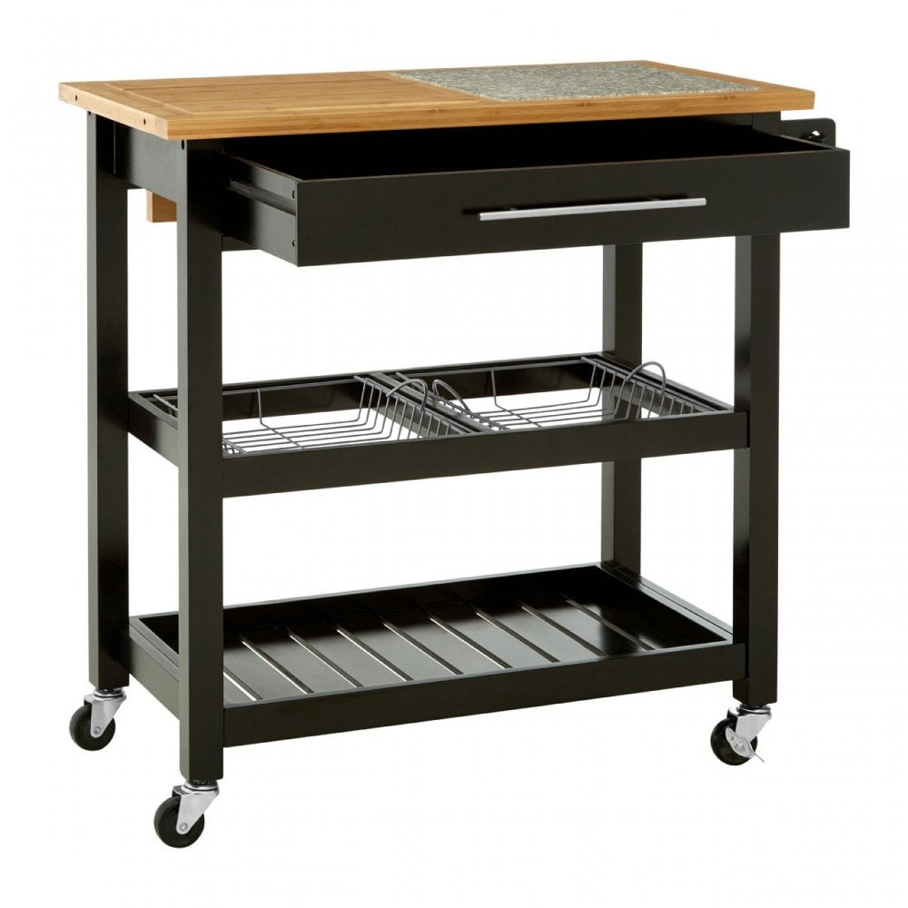 Kitchen Trolley, Wood, Pine Wood, Granite, Black