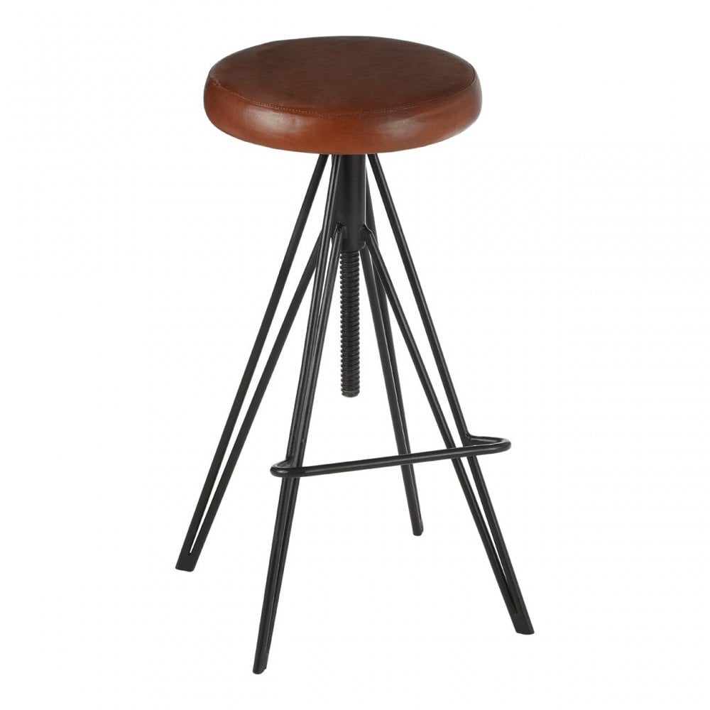 Nandri Round Leather Stool, Genuine Leather, Iron, Brown