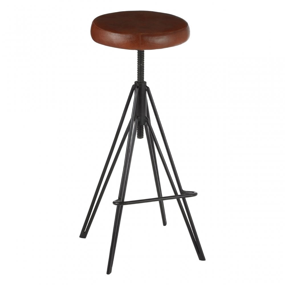 Nandri Round Leather Stool, Genuine Leather, Iron, Brown