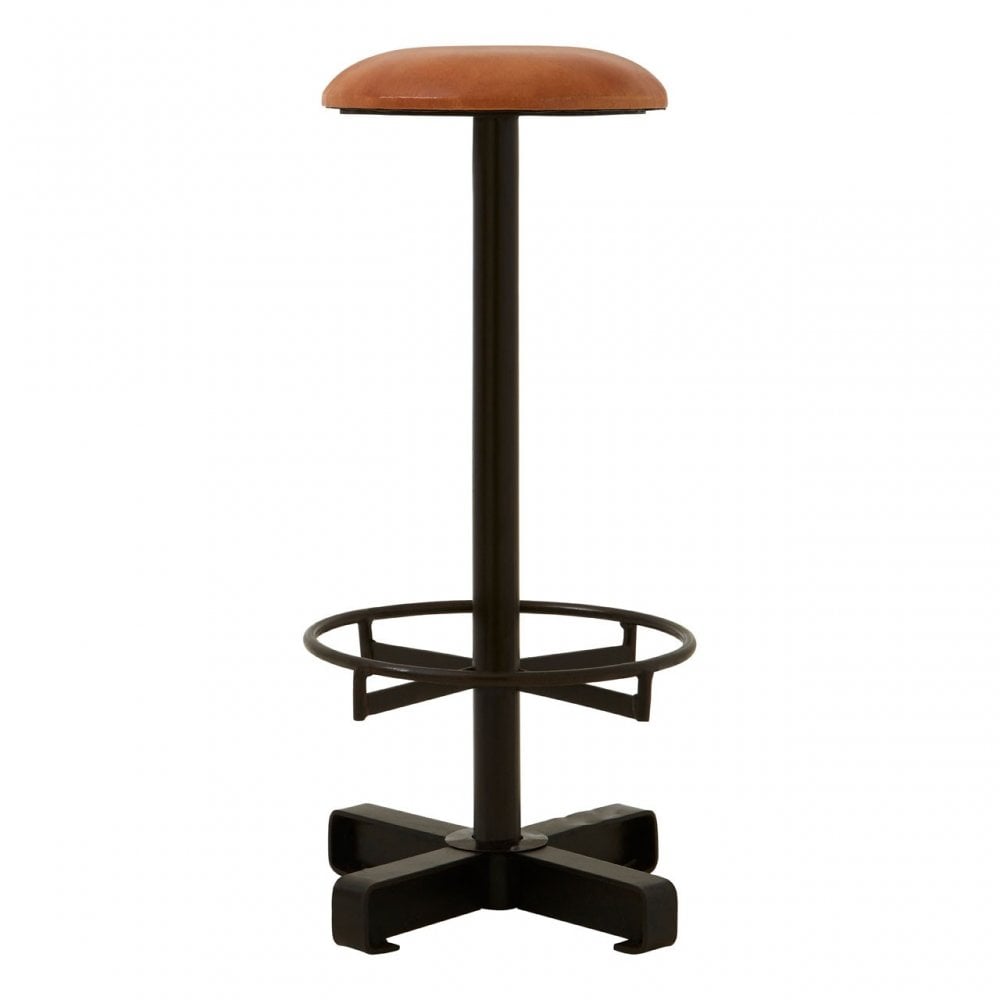 Longhorn Longhorn Buffalo Light Brown Leather Bar Stool, Goat Leather, Iron, Brown