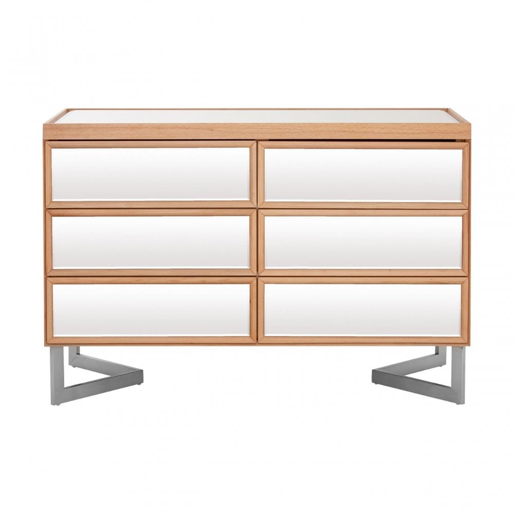 Tuskin 6 Drawer Chest, Beechwood, Mirrored Glass