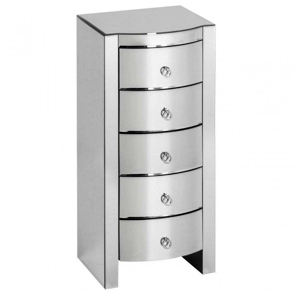Verona Curved Tall Boy Drawers, Wood, Mirrored Glass