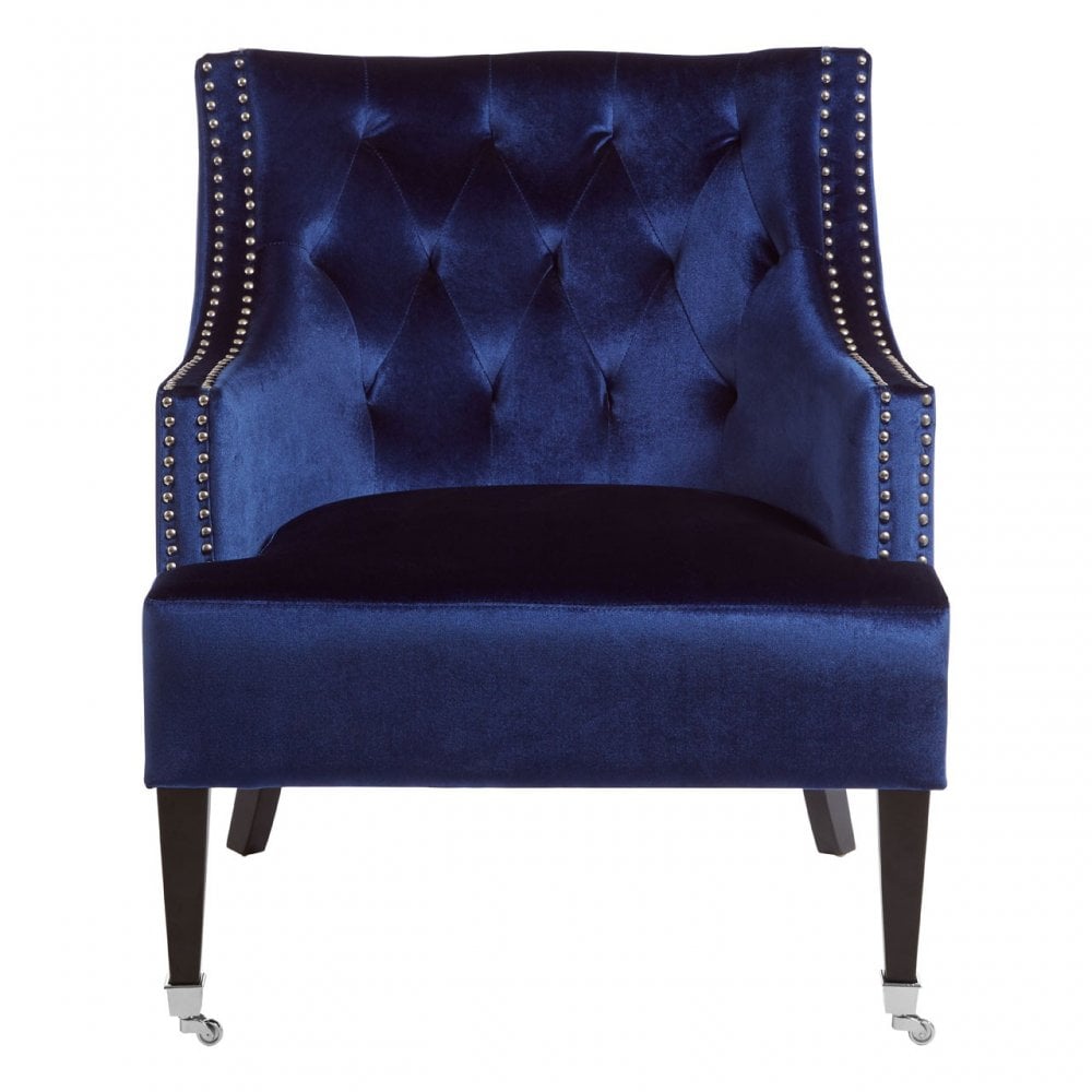 Darlington Blue Velvet Chair, Cotton Velvet / Rubber Webbing, Rubberwood, Wood, Blue