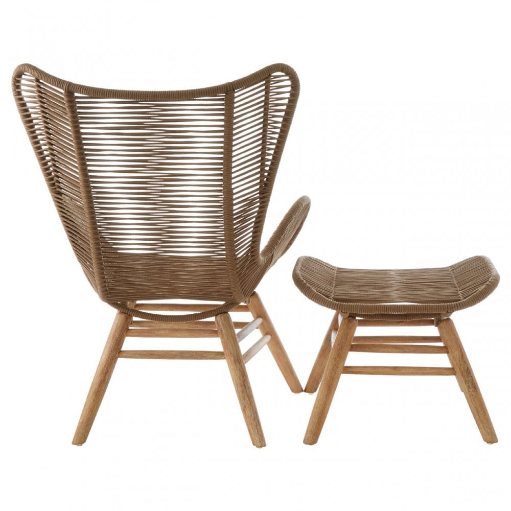 Sisal Latte Rope Lounge Chair & Footstool, Cotton Rope, Steel, Wood, Brown
