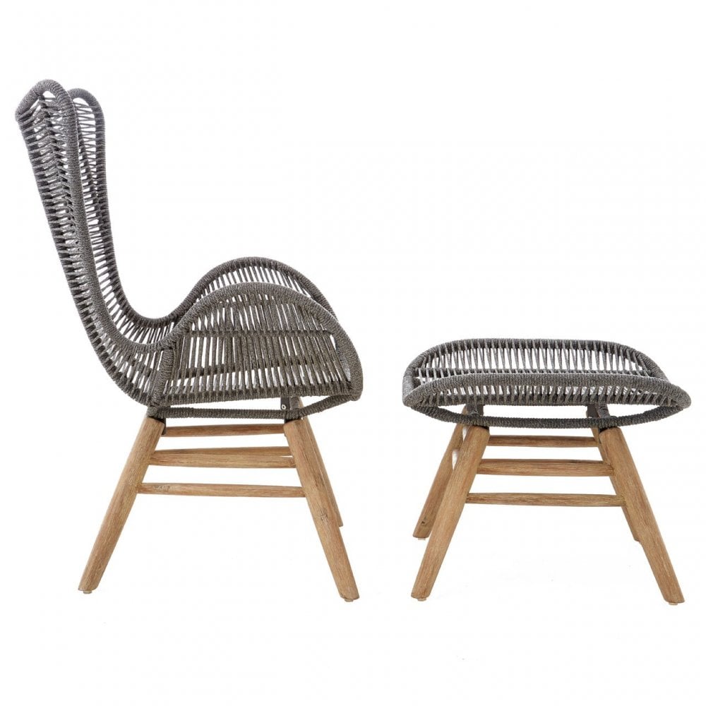 Sisal Grey Rope Lounge Chair & Footstool, Cotton Rope, Steel, Wool, Grey