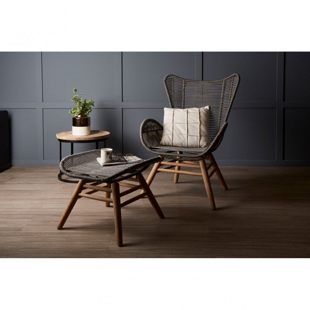 Sisal Grey Rope Lounge Chair & Footstool, Cotton Rope, Steel, Wool, Grey