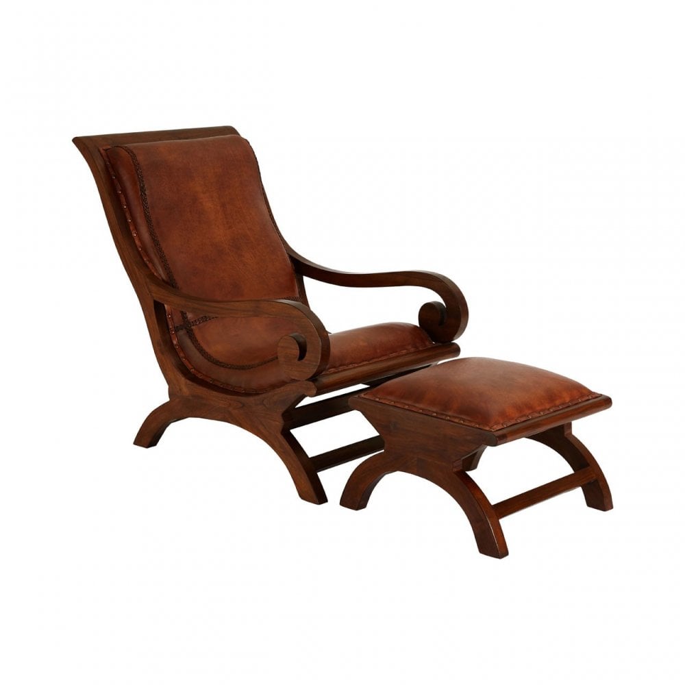 Toby Chair with Footstool, Leather, Teak, Brown